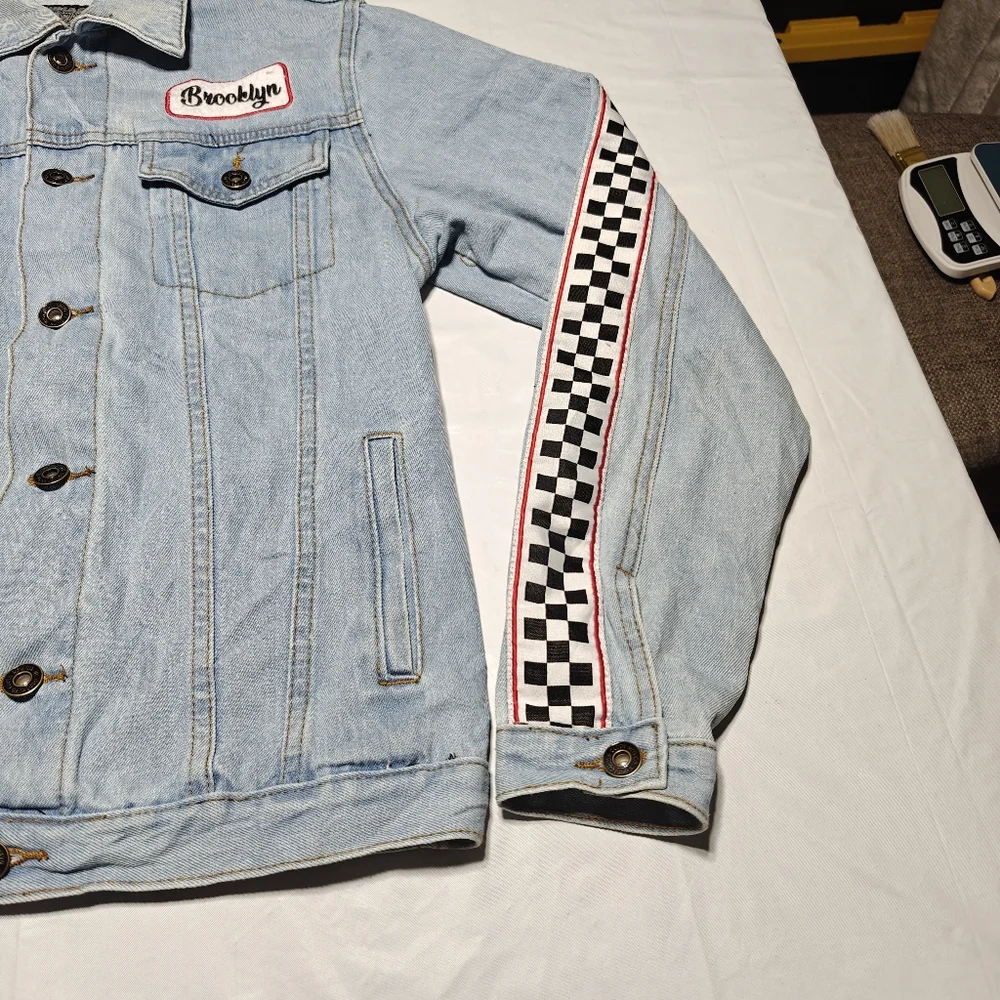 Brooklyn Cloth Denim Jacket Women’s Small Blue Checkered Skater Y2K Grunge - Picture 3 of 14